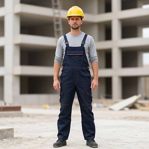 Photograph of a bearded man in a yellow hard hat, gray long-sleeve shirt, and black overalls, standing on a construction site