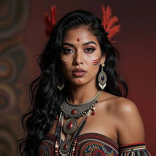 Photograph of a dark-haired woman with red feathered headpiece, adorned in intricate red and gold tribal jewelry, against a deep red background.