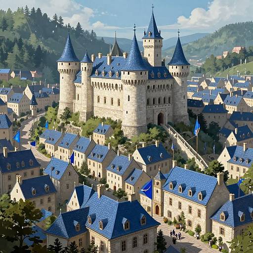 Medieval City with Blue Flags