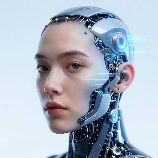 CGI image of a young, fair-skinned, androgynous person with a cybernetic head, featuring glowing blue circuitry and futuristic