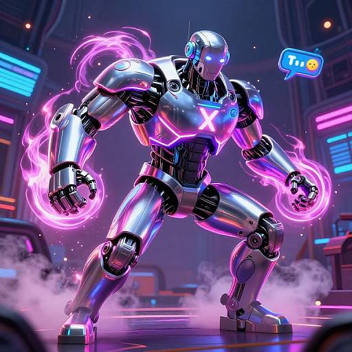 CGI digital artwork of a futuristic, metallic robot with glowing purple energy fists, standing in a neon-lit, cyberpunk environment. 