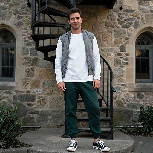 Photograph of a smiling man in a white long-sleeve shirt, gray vest, black pants, and black sneakers, standing in front of a