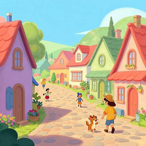 Vibrant, cartoon-style village scene: children and a boy with brown hat and orange shirt walk on cobblestone path past colorful houses with red