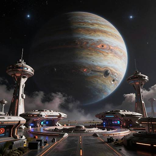 Digital artwork of a futuristic space station with domed towers, illuminated by a massive, colorful gas giant planet in a starry night sky.
