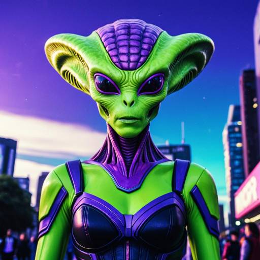 Kawaii Style Alien in Neon Urban Setting