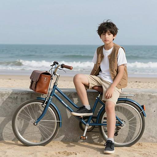 Young Boy with Bicycle by the Beach