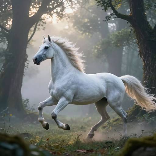 Digital painting of a majestic, white, galloping unicorn with a flowing mane in a misty, sunlit forest. The unicorn's muscles are