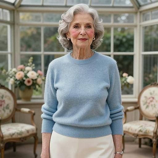 Photograph of an elderly woman with short, wavy gray hair, wearing a light blue sweater and white skirt, standing in a sunlit greenhouse with