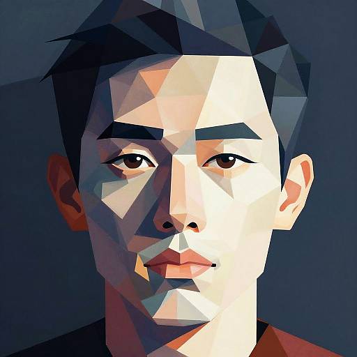 Digital geometric portrait of an Asian man with short black hair, light skin, and dark eyes, illuminated by angular light patterns.