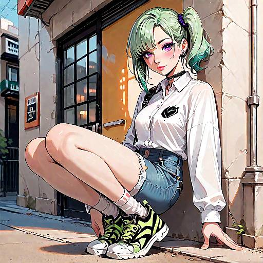 Green-Haired Anime Girl Walking Street