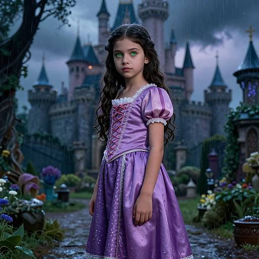 Digital painting of a young girl with long black hair, green eyes, wearing a lavender dress, standing in a rainy castle garden with a grand, go