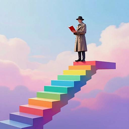 Photograph-style digital art: Detective in trench coat and hat, holding red book, stands on multi-colored rainbow staircase against blue sky with fluffy clouds.
