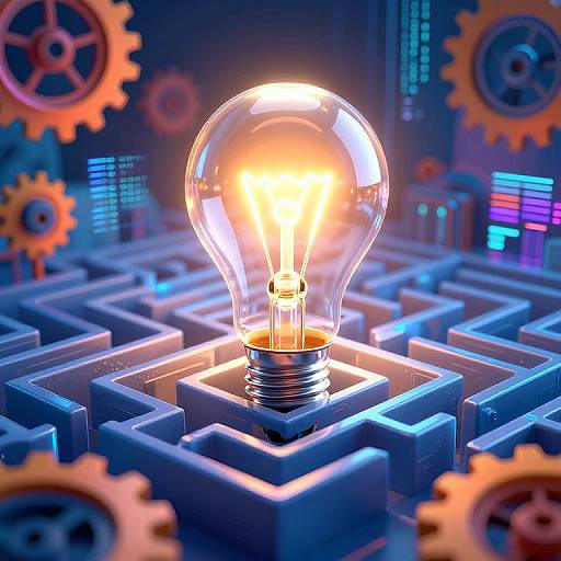 Photograph of a glowing lightbulb centered on a blue maze, surrounded by orange gears, with neon lights in the background.