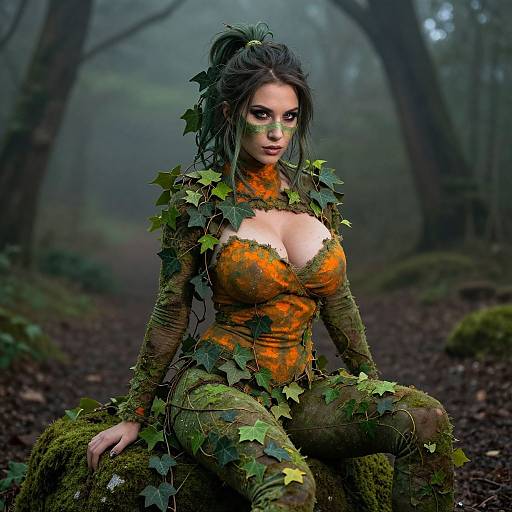 Digital fantasy artwork of a dark-haired woman with large breasts in an orange, leaf-covered, form-fitting dress, kneeling in a misty forest.