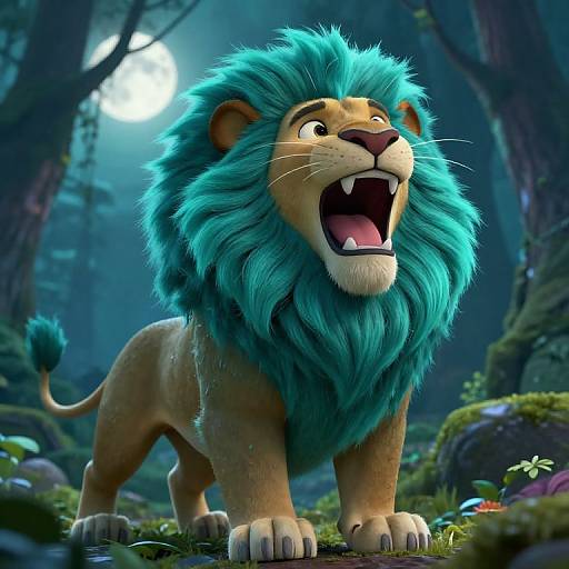 Digital illustration of a vibrant blue-maned lion roaring in a moonlit forest, featuring detailed fur, expressive eyes, and lush greenery.