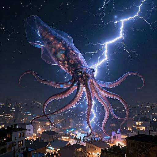Photograph of a massive, glowing octopus with purple and blue hues, illuminated by bright blue lightning, hovering over a cityscape at night.