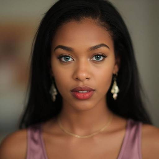 Photograph of a young Black woman with long black hair, blue eyes, red lipstick, wearing a purple tank top and gold earrings.