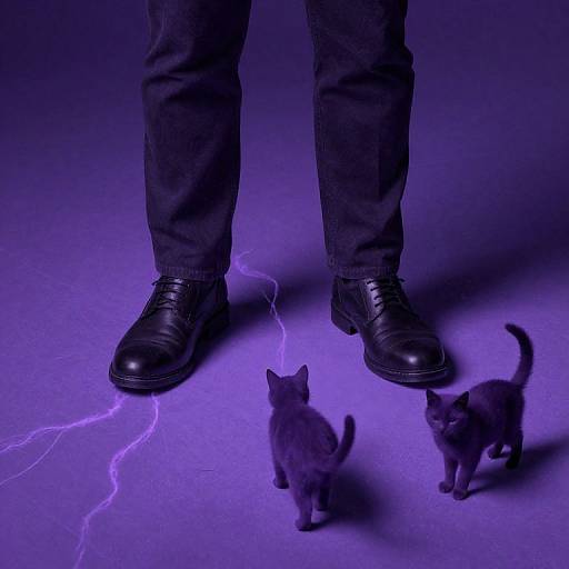 Photograph of dark pants and black shoes standing on purple floor, with two small gray kittens looking up, lightning bolt below.