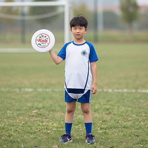 Photograph of an Asian boy with black hair, wearing a white and blue soccer shirt, shorts, socks, and shoes, holding a Kobakun