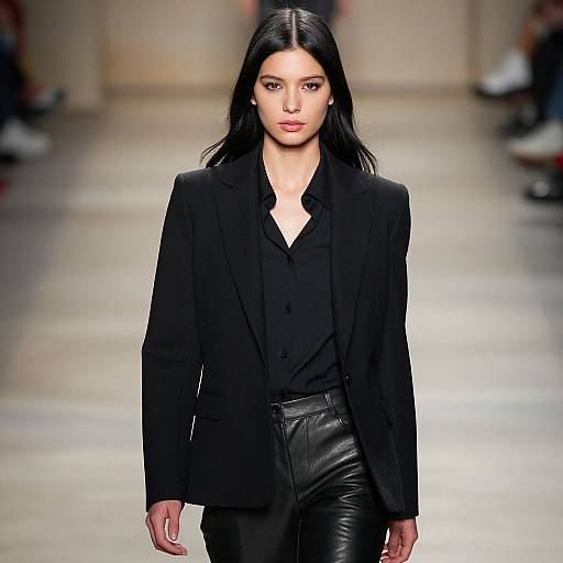 Photograph of a black-haired model in a black blazer, black shirt, and black leather pants walking a runway. Blurred audience in background.