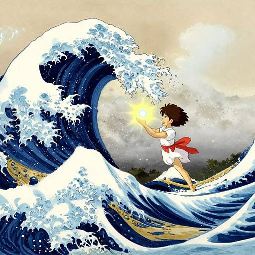 Anime-style illustration of a girl in a white dress with red scarf, holding a glowing orb, standing on a large blue wave.