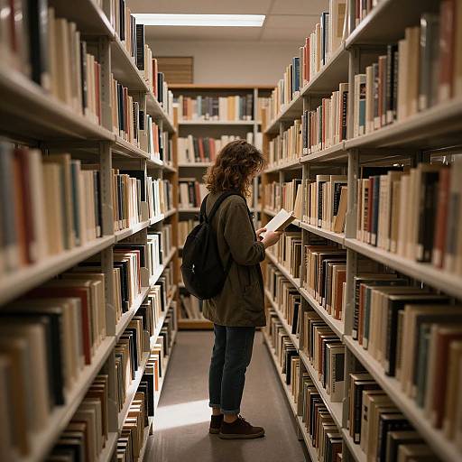 Photograph of a curly-haired woman with a backpack, standing in a narrow library aisle, reading a book from the shelves.