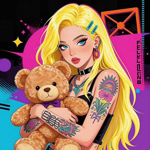 Digital art of a blonde woman with blue eyes, colorful tattoos, black choker, and large hoop earrings, hugging a teddy bear. Neon