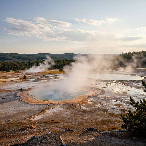 Photograph of a geothermal hot spring with steaming water, surrounded by rugged terrain and a forested horizon under a bright, partly cloudy sky.