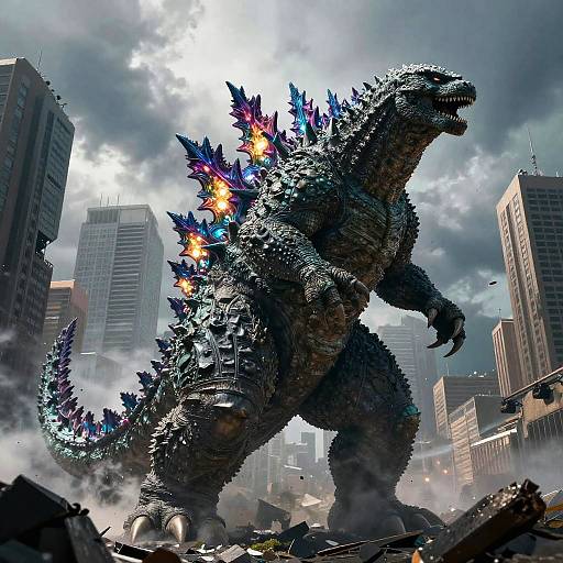 Photorealistic digital artwork of Godzilla, a massive, scaly, blue-gray kaiju with glowing, multicolored spines, towering over