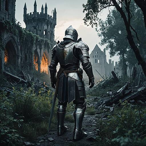 Medieval Knight in Futuristic Armor in Ruined City