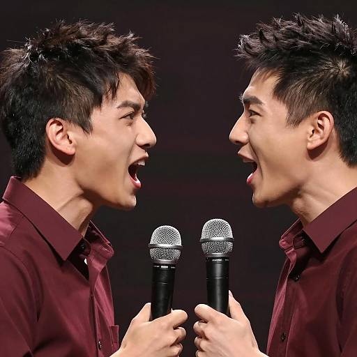 Two Young Men Singing Face to Face