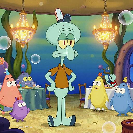 Cartoon scene of Squidward, an anthropomorphic squid, standing in an underwater restaurant with colorful, bubble-emitting decorations and various animated sea creatures