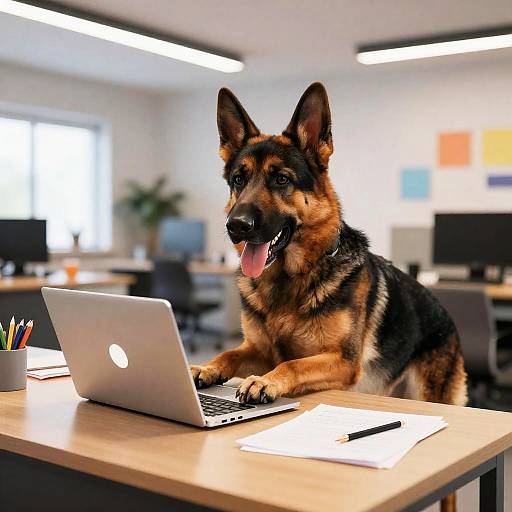 Office German Shepherd Working on Laptop
