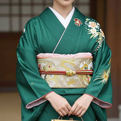 Photograph of a person in a green, floral-embroidered kimono with a white and gold patterned obi, standing in front of