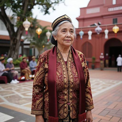 Photograph of an elderly Asian woman in an ornate red and gold traditional dress and headscarf, standing in a vibrant, outdoor courtyard with blurred