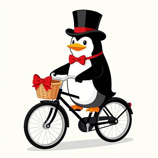Cartoon penguin in a black top hat and red bow tie rides a bicycle with a wicker basket, white background.