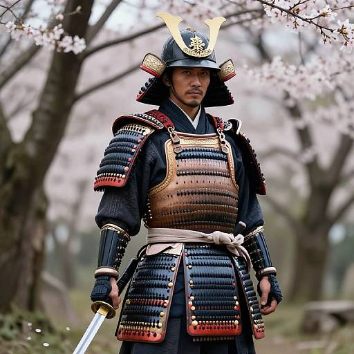 Photograph of a Japanese samurai standing in a cherry blossom forest, wearing traditional black and gold armor, helmet with a horn, and holding a sword
