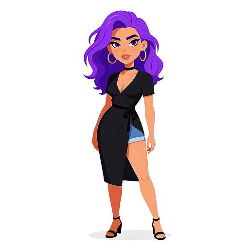 Digital illustration of a confident woman with vibrant purple hair, black wrap dress, blue shorts, hoop earrings, black heels, and red lipstick, standing against