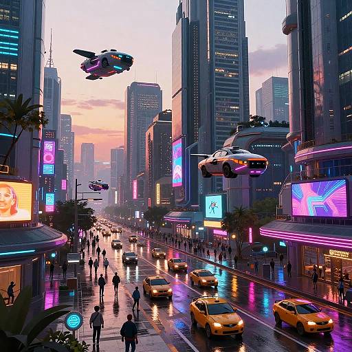 Neon-lit futuristic city street at sunset, bustling with people, flying cars, and hovering drones. Yellow taxis on wet road, colorful billboards