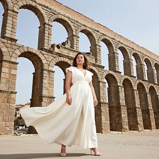 Photograph of a brunette woman in a flowing white dress standing in front of ancient, stone Roman arches under a clear blue sky.