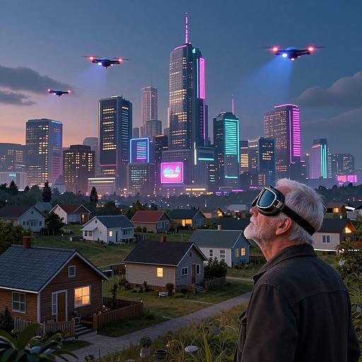 Photograph of an elderly man with white hair and beard, wearing sunglasses, gazing at a neon-lit futuristic cityscape with flying drones at dusk