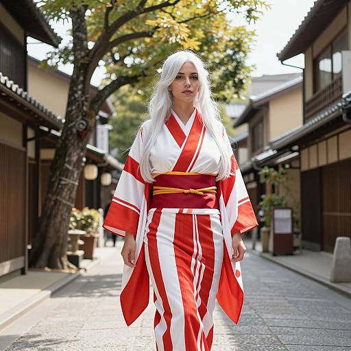 Photograph of a tall, white-haired woman in a red and white striped kimono, standing confidently on a traditional Japanese street.