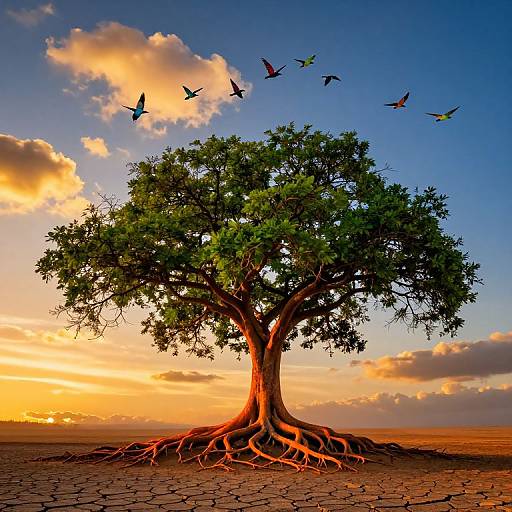 Sunset Solitary Tree with Birds