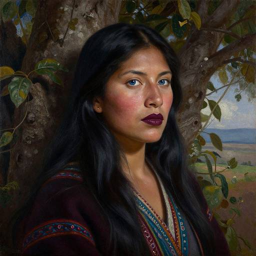 Digital painting of a young South Asian woman with long black hair, blue eyes, and deep maroon lipstick, wearing a traditional embroidered top, standing against