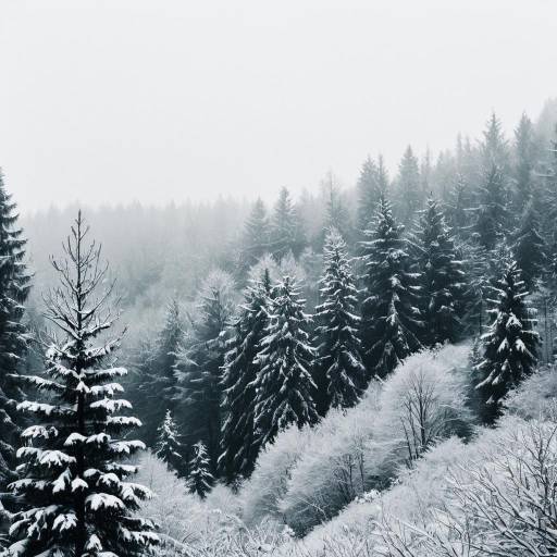 Snow-Covered Pine Forest with Mist