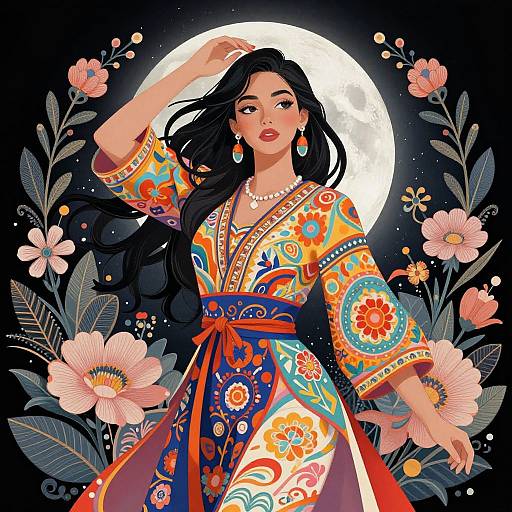 Digital illustration of an Asian woman with long black hair, wearing a vibrant, floral-patterned kimono, standing against a full moon, surrounded by pink