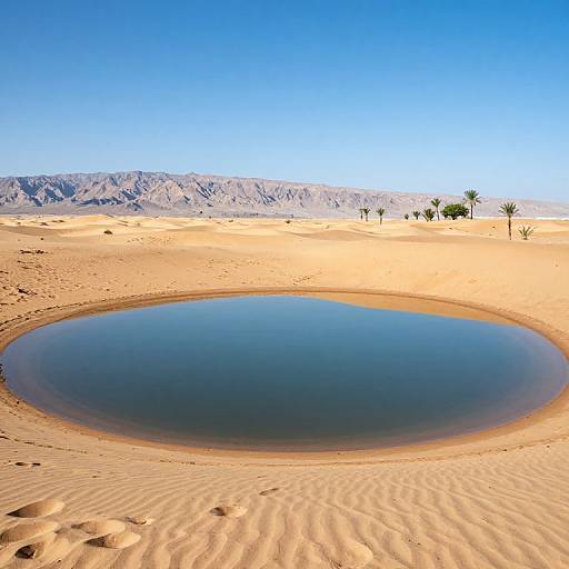 Photograph of a serene desert oasis with a circular, reflective waterhole in the sandy foreground, surrounded by sparse palm trees and distant, snow-capped