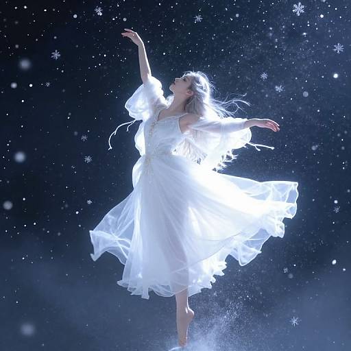Photograph of a glowing, ethereal woman in a flowing white dress, dancing against a starry, snowy night sky. Her arms are raised,