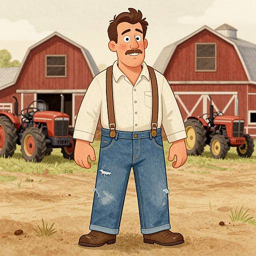 Cartoon of a worried man with a mustache, wearing a white shirt, blue jeans, and suspenders, standing in front of red barns