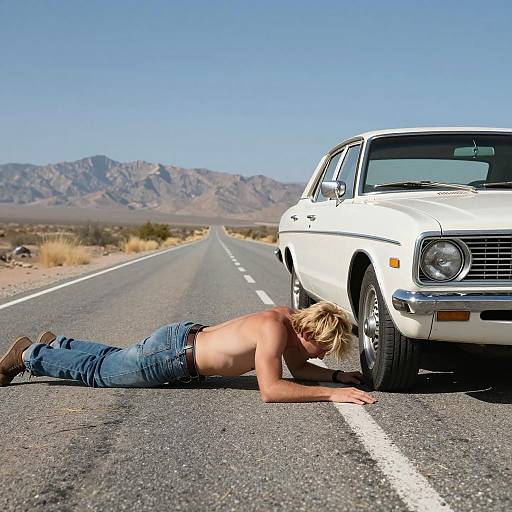 Deserted Road Scene with Man and Car